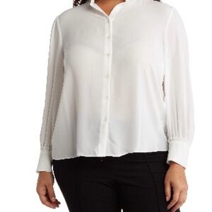 T Tahari White Button Down Shirt with Long Sleeves and Ruffle Band Collar